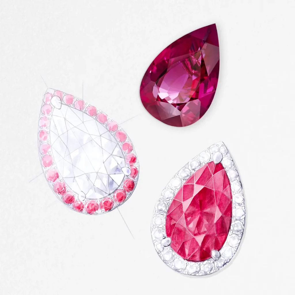 Jewellery sketch with pear-cut ruby