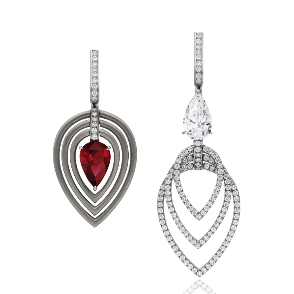 Double Jeu earrings in pink gold and titanium set with diamonds and ruby