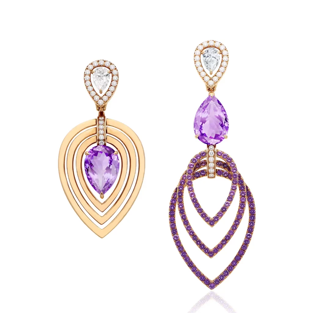 Double Jeu earrings in pink gold set with diamonds and amethysts